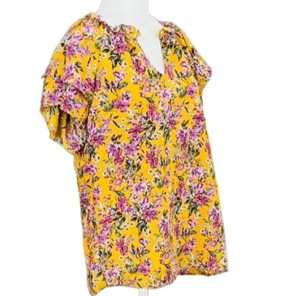 Pleione Floral  Mustard  Cottage Core Split Neck Blouse, Ruffled Sleeves size M - Picture 5 of 6